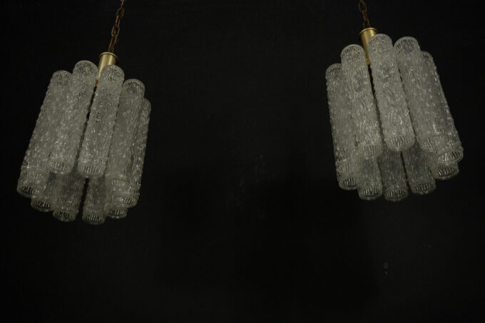 Pair of murano glass and brass chandeliers in the style of Toni Zuccheri. Italy 1970s