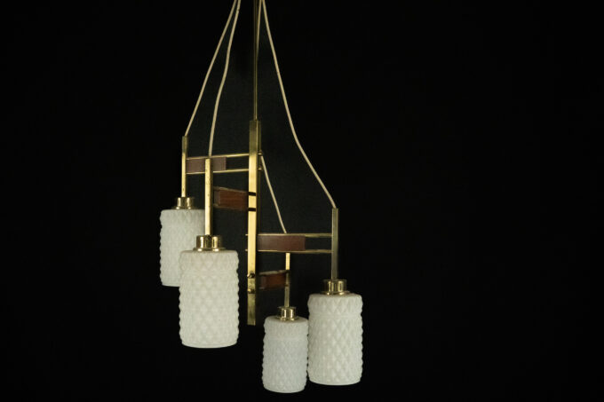 Mid-Century Modern Brass & Glass Chandelier in Stilnovo style, Italy 1950s