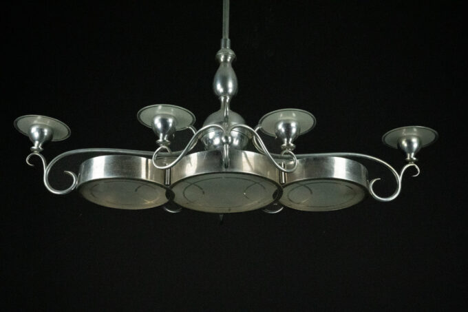 Art Deco Italian Chandelier in Nickel Brass and Frosted Glass, 1930s