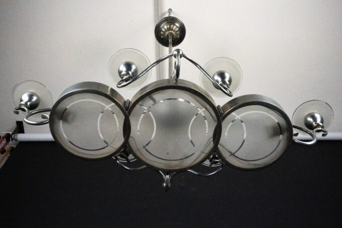 Art Deco Italian Chandelier in Nickel Brass and Frosted Glass, 1930s