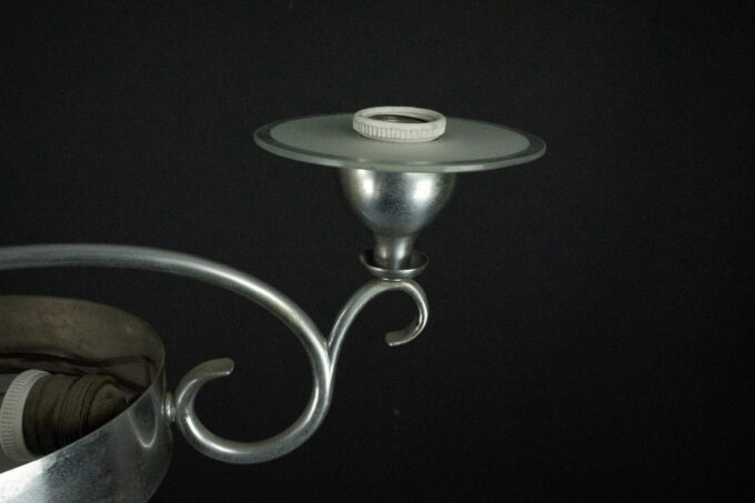 Art Deco Italian Chandelier in Nickel Brass and Frosted Glass, 1930s