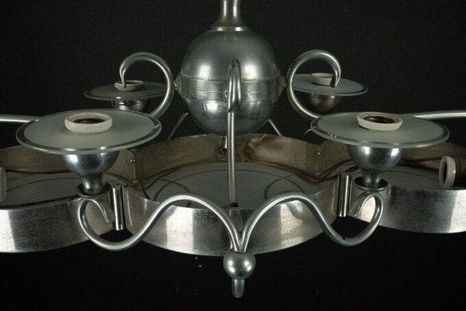 Art Deco Italian Chandelier in Nickel Brass and Frosted Glass, 1930s