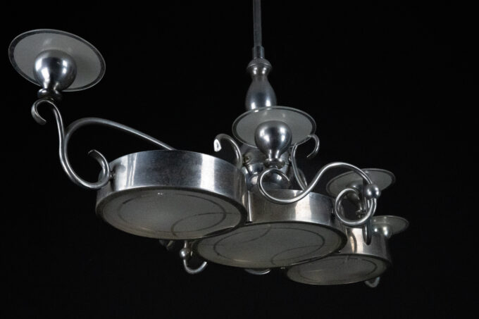 Art Deco Italian Chandelier in Nickel Brass and Frosted Glass, 1930s
