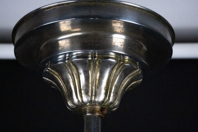 Art Deco Italian Chandelier in Nickel Brass and Frosted Glass, 1930s