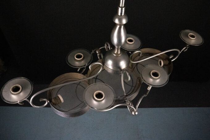 Art Deco Italian Chandelier in Nickel Brass and Frosted Glass, 1930s