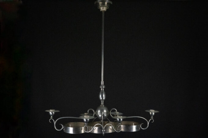 Art Deco Italian Chandelier in Nickel Brass and Frosted Glass, 1930s