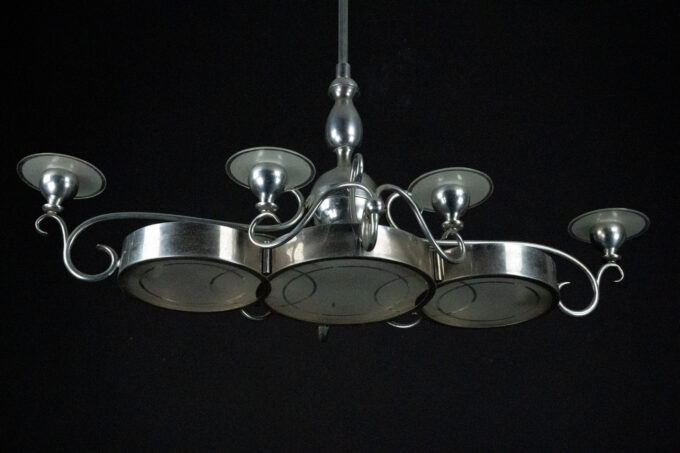Art Deco Italian Chandelier in Nickel Brass and Frosted Glass, 1930s
