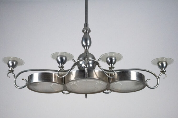 Art Deco Italian Chandelier in Nickel Brass and Frosted Glass, 1930s