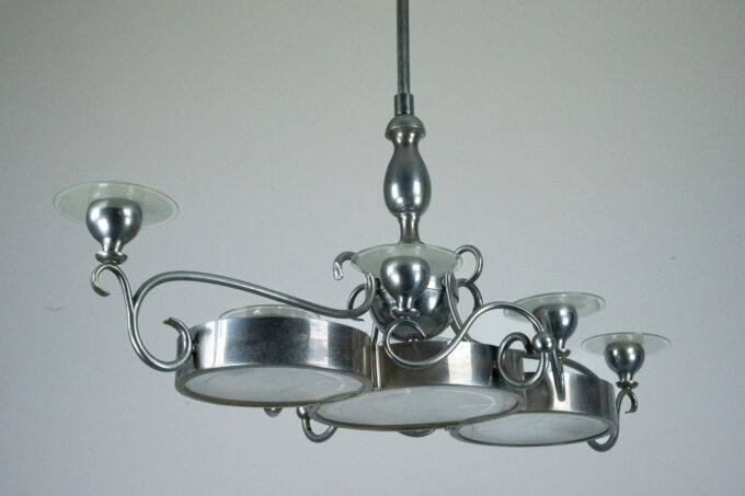 Art Deco Italian Chandelier in Nickel Brass and Frosted Glass, 1930s