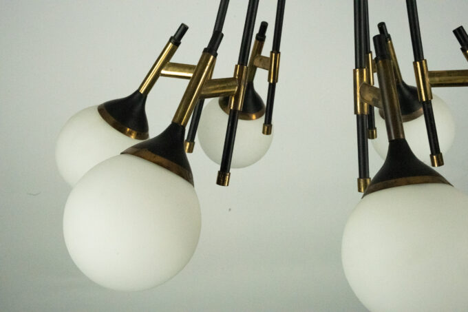 Rare 1950s Stilnovo Chandelier with Opaline Glass Globes. Italy