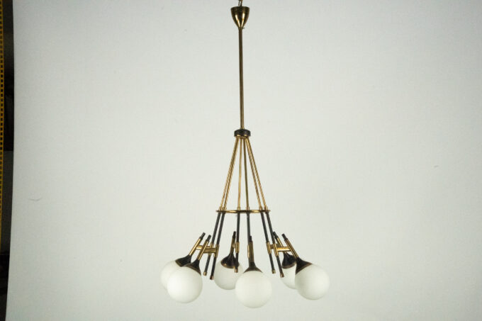 Rare 1950s Stilnovo Chandelier with Opaline Glass Globes. Italy