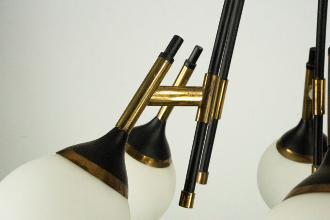 Rare 1950s Stilnovo Chandelier with Opaline Glass Globes. Italy