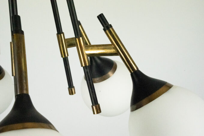 Rare 1950s Stilnovo Chandelier with Opaline Glass Globes. Italy
