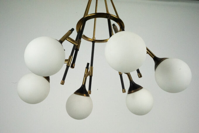 Rare 1950s Stilnovo Chandelier with Opaline Glass Globes. Italy
