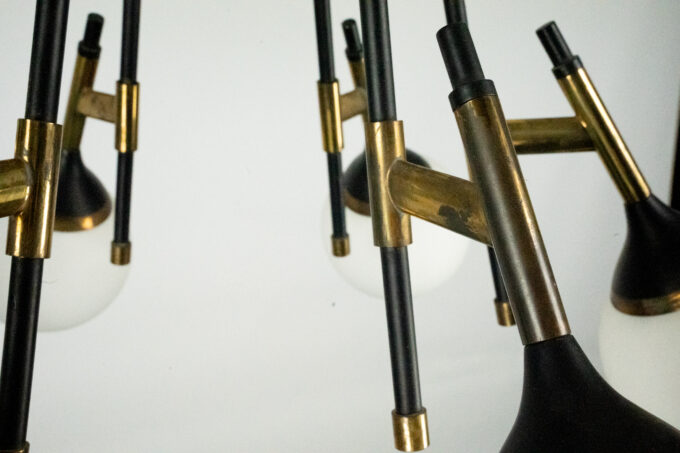 Rare 1950s Stilnovo Chandelier with Opaline Glass Globes. Italy