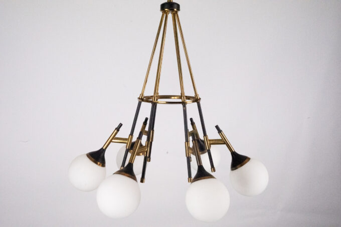 Rare 1950s Stilnovo Chandelier with Opaline Glass Globes. Italy