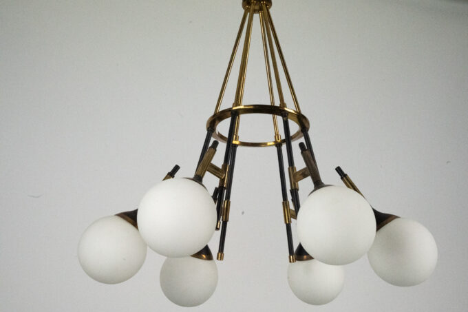 Rare 1950s Stilnovo Chandelier with Opaline Glass Globes. Italy
