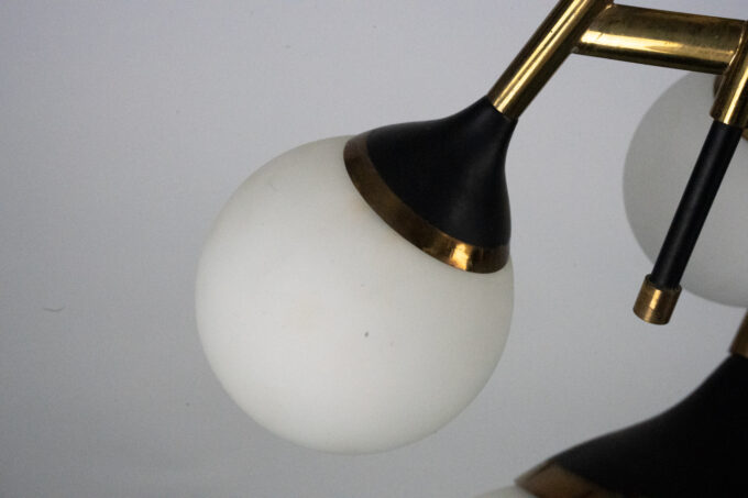 Rare 1950s Stilnovo Chandelier with Opaline Glass Globes. Italy