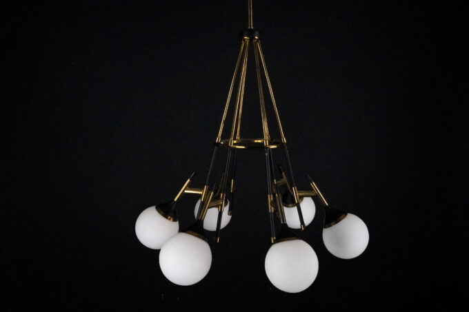 Rare 1950s Stilnovo Chandelier with Opaline Glass Globes. Italy