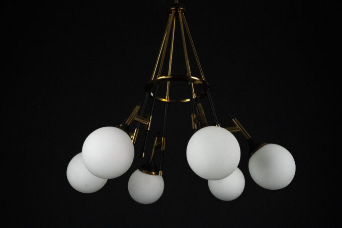 Rare 1950s Stilnovo Chandelier with Opaline Glass Globes. Italy