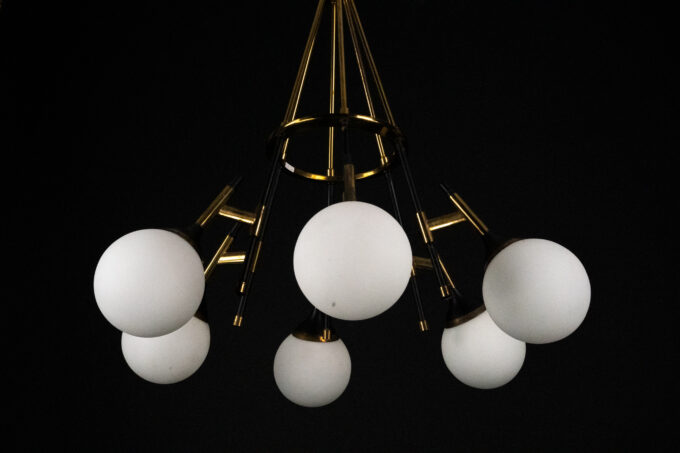 Rare 1950s Stilnovo Chandelier with Opaline Glass Globes. Italy