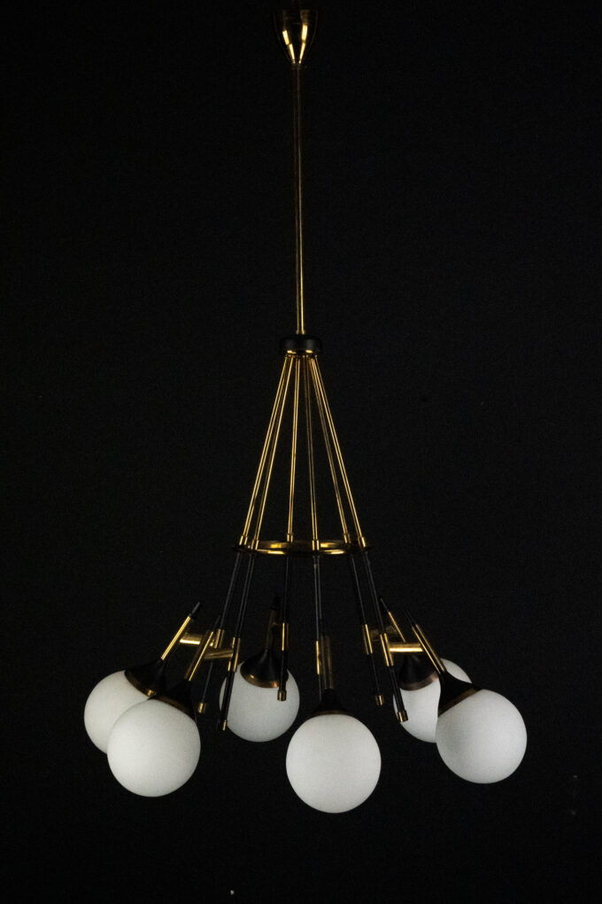 Rare 1950s Stilnovo Chandelier with Opaline Glass Globes. Italy
