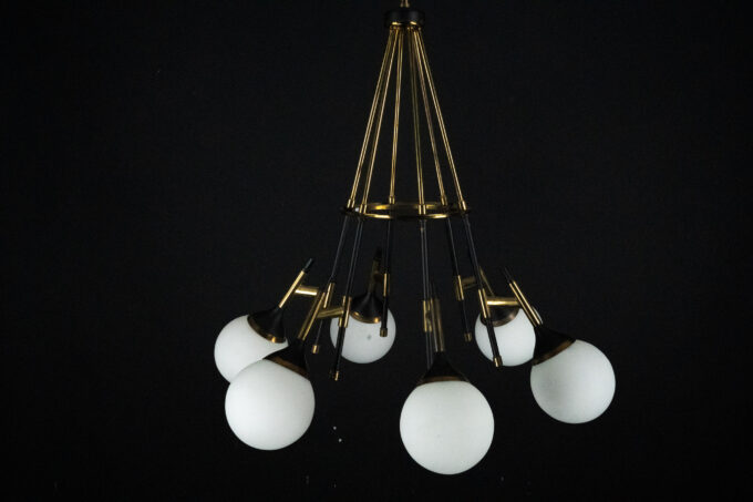 Rare 1950s Stilnovo Chandelier with Opaline Glass Globes. Italy