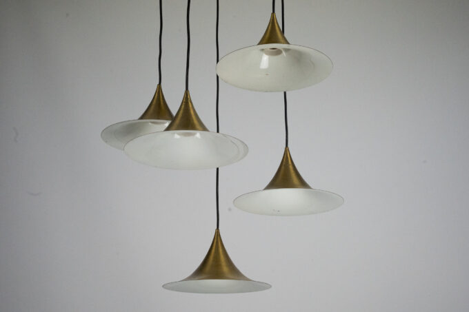 Fog & Morup, Midcentury Brass Pendant with Five Pendant Drops. Danmark, 1960s
