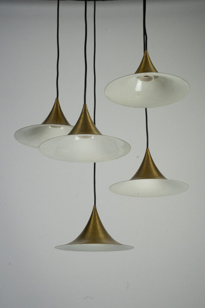 Fog & Morup, Midcentury Brass Pendant with Five Pendant Drops. Danmark, 1960s