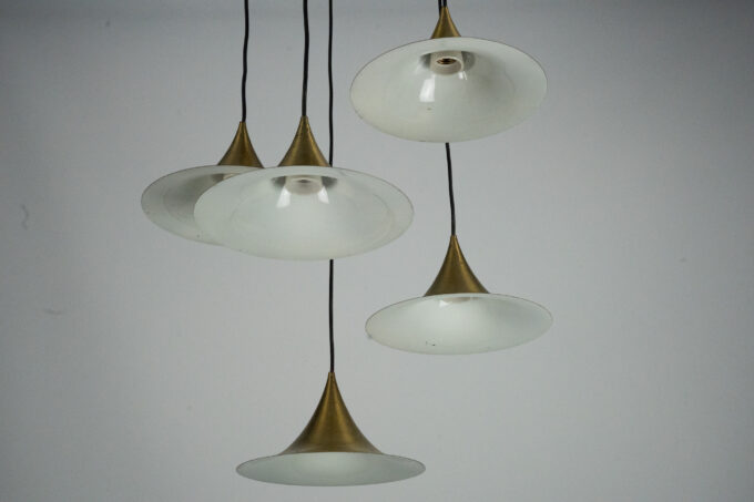 Fog & Morup, Midcentury Brass Pendant with Five Pendant Drops. Danmark, 1960s