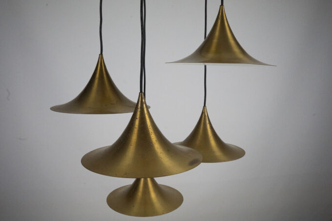 Fog & Morup, Midcentury Brass Pendant with Five Pendant Drops. Danmark, 1960s